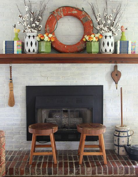 From Aisle to Home: Affordable Before-and-After Facelifts Fall Fireplace Mantel Decor, Fall Fireplace Mantel, Summer Mantel, Rustic Mantel, Fall Fireplace, Paint Fireplace, Fall Living Room Decor, Fireplace Mantel Decor, Fall Mantel Decorations