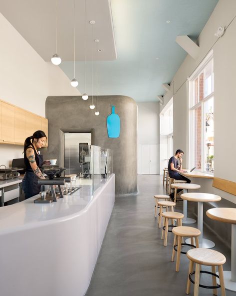 Blue Bottle Los Gatos — Lincoln Lighthill Architect Blue Bottle Coffee Interior, Scandinavian Cafe, Bakery Shop Design, Blue Cafe, Small Coffee Shop, Lobby Interior Design, Blue Bottle Coffee, Coffee Shop Interior Design, Interior Signs