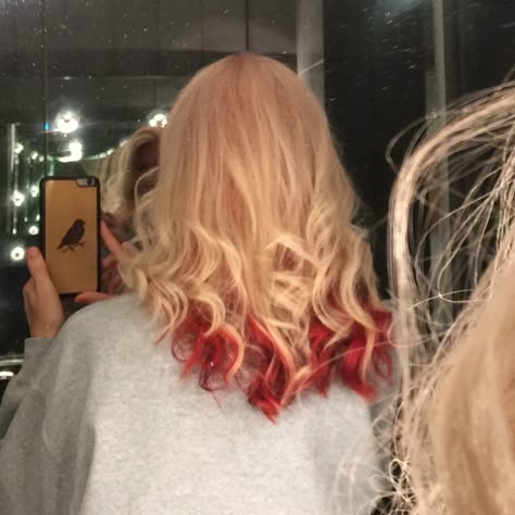 Blond With Red Peekaboo, Red Hair Dye Underneath Blonde, Half Hair Dyed Underneath Red, Red Tipped Hair Blonde, Blonde Hair With Red Streaks Underneath, Under Dyed Hair Red And Blonde, Color Underneath Blonde Hair, Red And Blonde Dyed Hair, Blonde Hair With Under Color