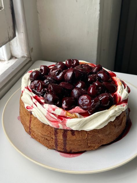 Peanut Butter & Jelly Cake with Roasted Cherries Birthday Pastries, Peanut Butter Jelly Cake, Cake With Jam, Roasted Cherries, Butter Cream Cake, Cake With Cherry, Cake Cherry, Roasted Cherry, Peanut Butter Cake