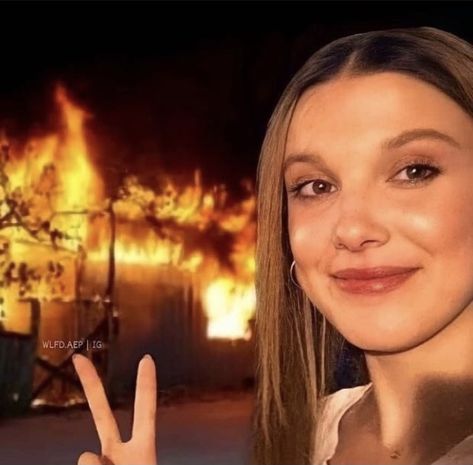 Millie Bobby Brown throwing up a piece sign while a house on fire is in the background Eleven Stranger Things, Ideas Style, Home Ideas, Stranger Things, Style Inspiration