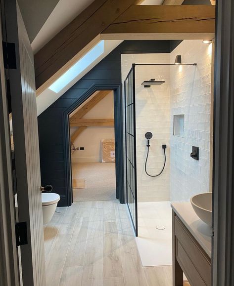 Attic Room With Bathroom, Loft Conversion Bedroom Master Suite Attic Bathroom, Small Bathroom Ideas Attic, Attic Bedroom And Bathroom Layout, Master Suite Loft Conversion, Dorma Loft Bathroom, A Frame Bathroom Design, Bonus Room Bathroom Ideas, Cape Cod Bathroom Ideas Sloped Ceiling