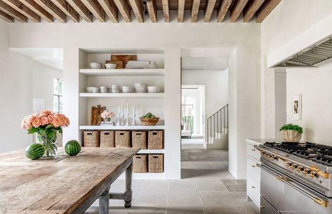 Traditional Kitchen Island, Steel French Doors, University Housing, Kitchen Island Decor, House Blend, Island Decor, French Kitchen, Traditional Kitchen, Stone Flooring