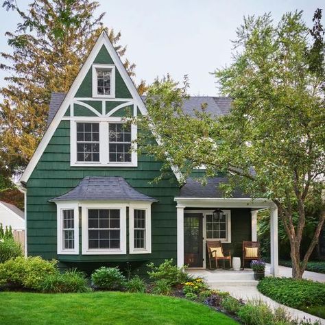 Kelly Green House Exterior, Green Cedar Siding Exterior, Green Shake Siding, Green Exterior White Trim, Emerald Green Siding House, Green Tudor Exterior, White House Cedar Trim, Emerald Green Exterior House Colors, House With Cedar Shakes