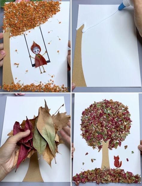 Leaves And Sticks Craft, Tree Leaf Craft, Crushed Leaves Craft, Tree Trunk Craft, Leaf Window Craft, October Crafts Preschool Art Projects, Laminated Leaf Craft, Dry Leaf Craft Ideas, Leaf Tree Craft