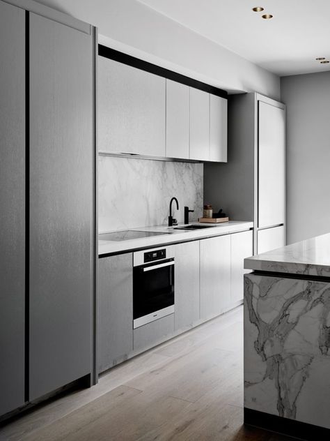 Contact CDK Stone Modern Grey Kitchen Design, Flack Studio, Light Grey Kitchen Cabinets, Modern Grey Kitchen, Light Grey Kitchens, Victorian Terrace House, Gray And White Kitchen, Australian Interior Design, Minimalist Kitchen Design