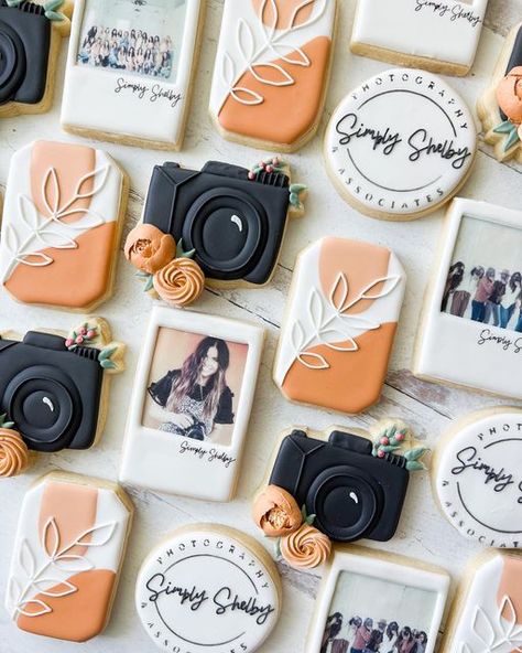 Saltcreek Cookies|McKell Hardy on Instagram: "When your customer tells you that you can do ANYTHING you want! 🧡 it’s really exciting but also really nerve wracking. These cookies went a total different direction than I originally planned- but I was SO happy with them. I just wanted to make them beautiful for a beautiful customer & her amazing business! #customcookies #sugarcookies #decoratedcookies #royalicing #cookies #brighamcitybusiness #brighamcitycookies #brighamcitybaker #utah #utahcooki Camera Royal Icing Cookies, Logo Cookies Decorated, Photography Cookies Decorated, Polaroid Cookies Decorated, Camera Cookies Decorated, Photographer Cookies, Camera Cookies, Photography Cookies, Business Cookies