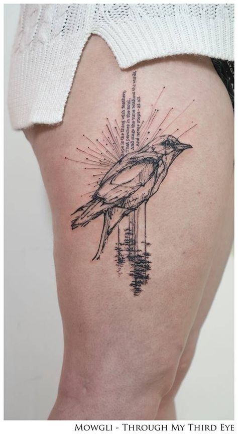 Graphic style bird tattoo on the right thigh, together with the first stanza of the poem '“Hope” is the thing with feathers' by Emily Dickinson. The tattoo includes the following extract:   “Hope” is the thing with feathers - That perches in the soul - And sings the tune without the words - And never stops - at all -. By Mowgli - Through My Third Eye (London). Micro Realism, Feather With Birds Tattoo, Hope Is The Thing With Feathers, Tattoo Graphic, Trash Polka, Bird Tattoo, Thigh Tattoos Women, Elephant Tattoos, Feather Tattoos