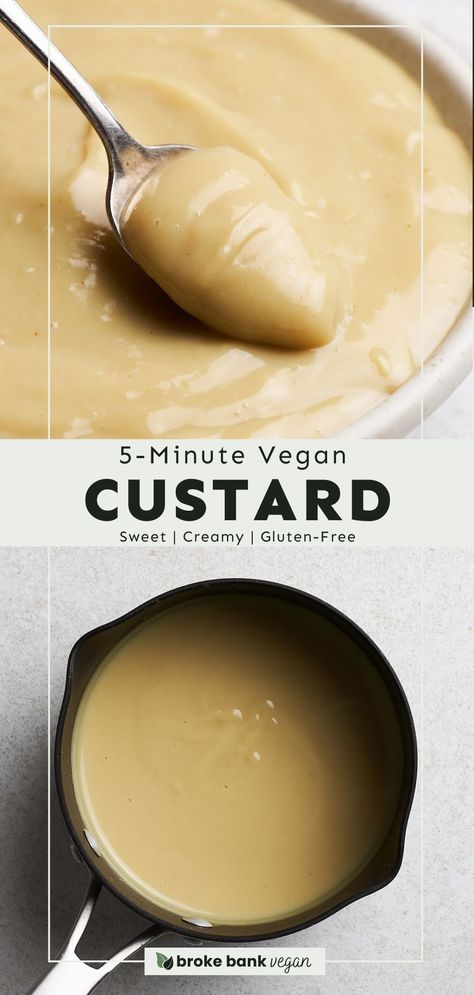 This vegan custard is made with just 5 pantry staples and is ready in 5 minutes! It’s perfectly sweet, ultra-creamy, and so versatile. Serve it as-is, use it to fill donuts, incorporate it into fruit tarts, and much more. Plus, it’s easy to customize! #vegancustard #vegandesserts #glutenfreerecipes Vegan Custard Buns, Vegan Coconut Milk Dessert, Vegan Custard Pie, Vegan Vanilla Custard, Dairy Free Custard, Vegan Custard, Healthy Vegan Dinner Recipes, Sweet Sauces, Vegan Pudding