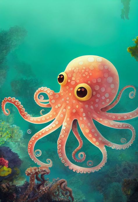 Cute Octopus in Coral Reef. This art design has colorful anime style. This is great gift for a person that loves Octopus, colorful fish or coral reefs. Octopus Art Drawing, Octopus Colorful, Coral Painting, Colorful Anime, Octopus Drawing, Octopus Illustration, Octopus Painting, Animal Illustration Art, Spirit Animal Art