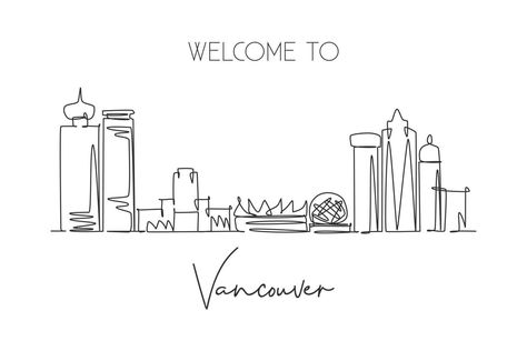 Drawing City, Vancouver Skyline, Skyline Drawing, Continuous Line Drawing, Continuous Line, World Travel, Design Vector, Line Drawing, Vancouver