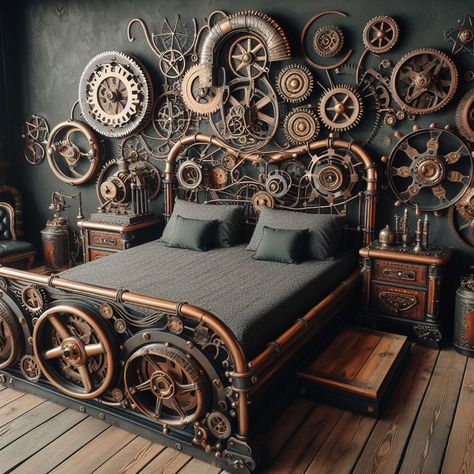 Steampunk Decor Mechanical-Inspired Bed Frames Steampunk Room Ideas Bedrooms, Steam Punk Design, Steampunk Home, Steampunk Bed Frame, Steam Punk Decor, Crazy Furniture, Steampunk Aesthetic Interior, Steampunk Gaming Setup, Steam Punk Bedroom