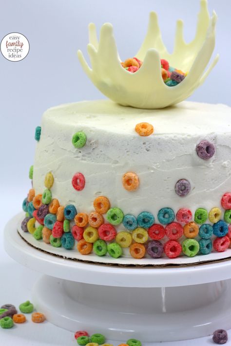 Easy Froot Loops Cake with a Milk Splash Top - Easy Family Recipe Ideas Fruit Loop Cake, Splash Cake, Cereal Cake, Froot Loops Cereal, Milk And Cereal, Froot Loop, Chocolate Bowl, Chocolate Cereal, Frosting Recipes Easy