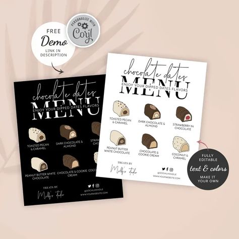 DIY Choc Dipped Dates Menu Template Minimalist Chocolate image 2 Chocolate Image, Chocolate Straws, Peanut Butter White Chocolate, Modern Bakery, Dark Chocolate Caramel, Menu Card Design, Bakery Sign, Chocolate Recipes Homemade, White Chocolate Cookies