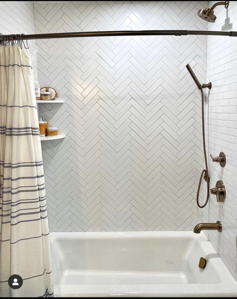 Ranch Bathroom, Subway Tile Herringbone, Tile Bathtub, Herringbone Subway Tile, Guest Bath Remodel, Bathtub Tile, Herringbone Tile, Boys Bathroom, Main Bathroom