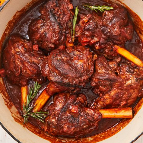 Braised Lamb Shanks - Delish.com Easy Lamb Shank Recipe, Braised Lamb Shanks Recipe, Anne Burrell, Lamb Shank Recipe, Braised Lamb Shanks, Lamb Shank, Short Ribs Recipe, Braised Lamb, Braised Short Ribs