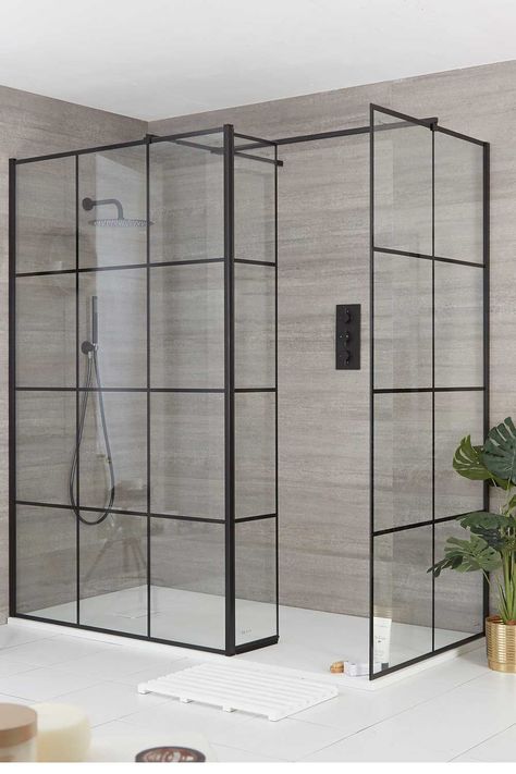 Grid Shower Screen, Cristal Shower Screen, Crittall Bathroom, Shower Screens Ideas, Urban Style Bathroom, Black Shower Doors, Scandinavian Design Living Room, Shower Screens, Shower Box