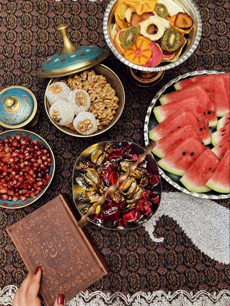 Yalda night in pretty dishes Yalda Aesthetic, Yalda Night Video, Yalda Night Ideas Decor, Baby Room Signs, Yalda Night, Darkest Night, Pretty Dishes, Long Night, Room Signs