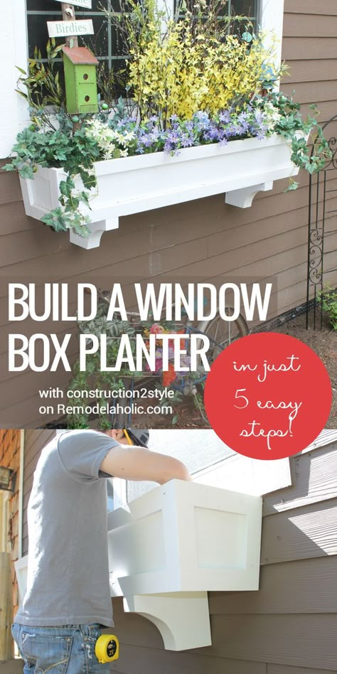 Build a window box planter in 5 easy steps! Add curb appeal and improve your home exterior with a beautiful window box and some greenery and flowers. Step by step from construction2style on Remodelaholic.com #landscaping #windowboxes #diy #buildingplans Build A Window, Add Curb Appeal, Window Box Flowers, Window Planters, Decor Eclectic, Window Planter Boxes, Diy Outdoor Decor, Home Exterior, Window Boxes