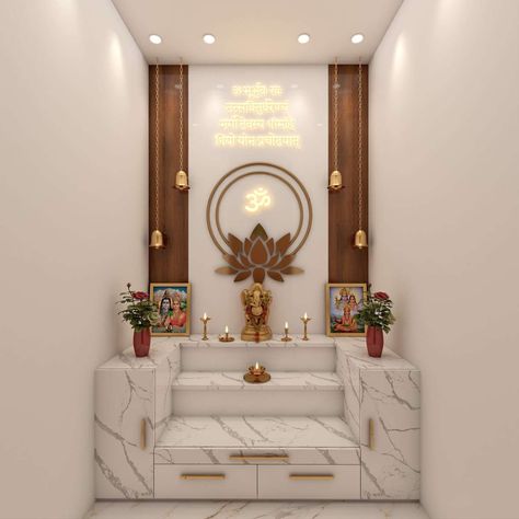 Prayer Room Designs by Architect Pushpendra Gurjar, Indore | Kolo Floor Mandir Design, Indian Altar Design, Indian Prayer Room Ideas, Pooja Room Tiles Design Indian, Mandir Tiles Design, Prayer Room Ideas Hindu, God Room Designs, Small Pooja Room In Living Room, Pooja Area Design