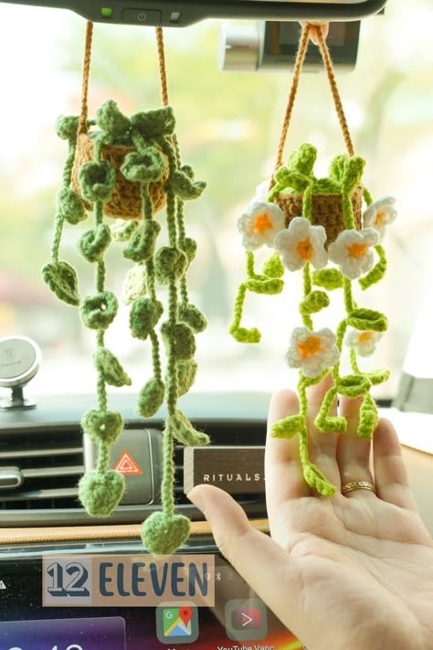 Cute Crochet Plants, Crochet Plants For Car, Crochet Gifts For Mothers Day, Plant Car Decor, Mother’s Day Crochet Gifts, Crochet Plant Hanger For Car, Crochet Car Plant Pattern Free, Crochet Car Mirror Hanging Plant, Unique Things To Crochet