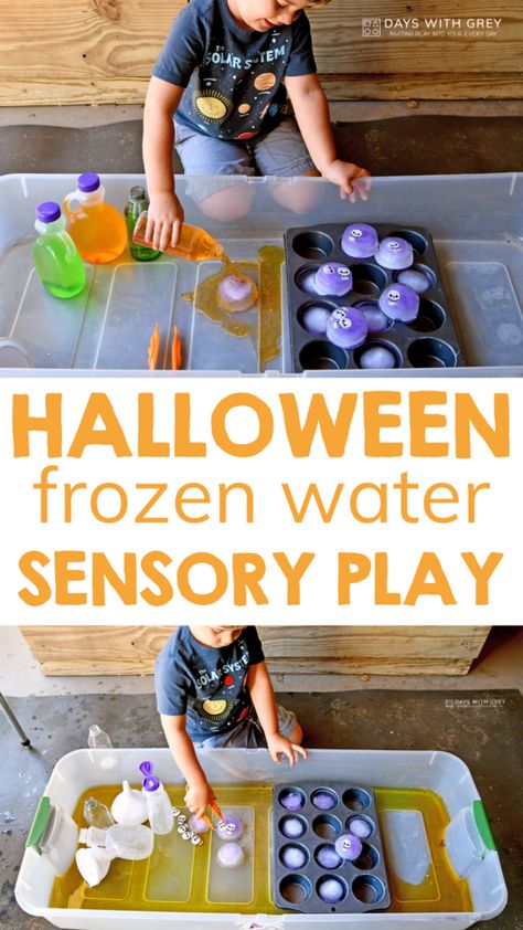 Preschool Halloween sensory play Witches Potion Sensory Play, Halloween Messy Play, Sensory Water Play, Preschool Tables, Water Play Preschool, Frozen Halloween, Halloween Activities Preschool, Sensory Tub, Toddler Curriculum