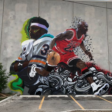 Sports Murals and Street Art | FindMASA Football Mural, Studio Mural, Shop Mural, Sport Bar Design, Chicago Murals, Street Football, Walter Payton, Basketball Theme, Nba Art