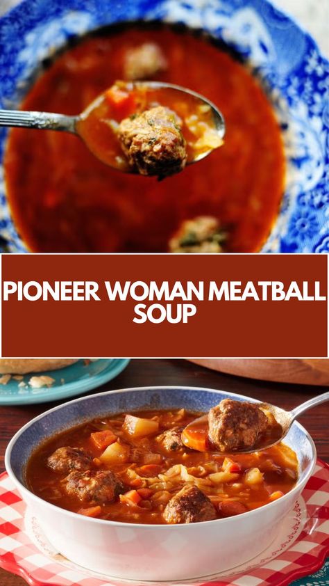 This delicious Pioneer Woman Meatball Soup is a quick and easy meal that’s perfect for cozy nights. Packed with tender meatballs, fresh vegetables, and savory broth, it’s a comforting and nutritious dish. You can easily customize it with whatever ingredients you have on hand, making it a flexible and family-friendly option! Pioneer Woman Meatball Soup, Cheesy Meatball Soup, Hamburger Soup Pioneer Woman, Meat Ball Soup Recipe, Frozen Meatball Soup, Pioneer Woman Soup, Pioneer Woman Meatballs, Meatball Soup Crockpot, Pioneer Woman Soups