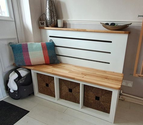 Modern, oak, bench, radiator cover, white, wood, straw box Bench In Front Of Radiator, Entryway Ideas With Radiator, Radiator Cover Ideas With Storage, Radiator Cover With Shoe Storage, Shoe Storage Radiator Cover, Radiator Shoe Storage, Radiator Cover Shoe Storage, Shoe Storage Over Radiator, Radiator Cover Bench