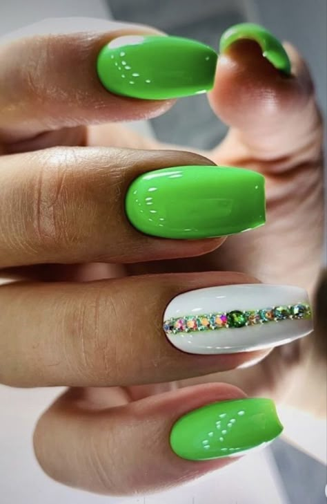 Nail Designs Blues, Edgy Spring Nail Designs, Funky Nail Art Spring, Neon Green Nails Acrylic, Nails Acrylic March, Neon Colored Nails, Bright Green Nails Designs, Caribbean Nails Designs, 2d Nails