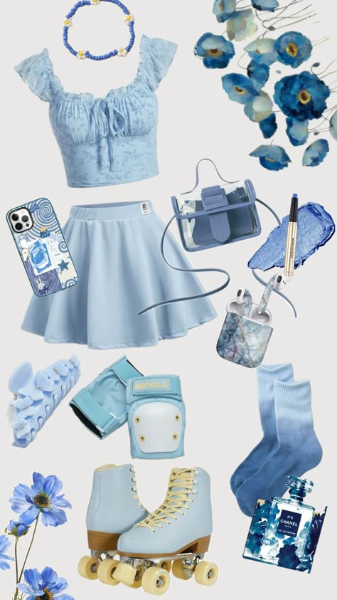 #blue #blueaesthetic #outfit #rollerskating #babyblue #clothes #monochrome #lightblue Monochrome Blue Outfit, Blue Clothes Aesthetic, Pastel Blue Outfit, Sky Blue Outfit, Young Outfit, Roller Skating Outfits, Skirt Aesthetic, Skating Outfits, Blue Skirt