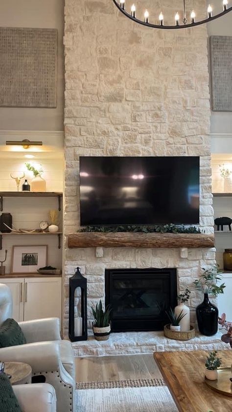 Stone Fireplace With Mantle And Tv, Rock Fireplace With Tv, Stone Wall Behind Tv, Tv Mounted On Stone Fireplace, Stone Gas Fireplace With Tv Above, Stone Wall Living Room With Tv, Stone Ledger Fireplace, Transitional Style Fireplace, Electric Stone Fireplaces