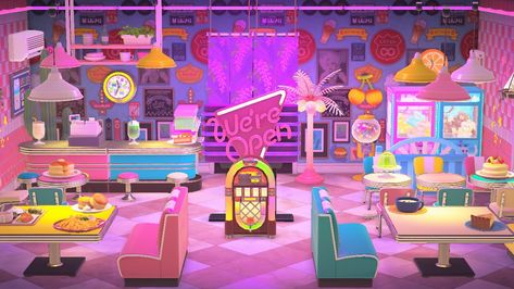 Acnh 80s Island, Animal Crossing Neon Design, Animal Crossing Retro Room, Acnh Club Design, Acnh Record Shop, Acnh Maximalism, Acnh Futuristic, Acnh 80s, Acnh Kidcore