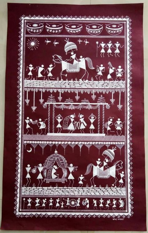 Indian Tribals Drawing, Warli Art Wedding Scene, Wedding Warli Art, Warli Wedding Scene, Warli Wedding Paintings, Warley Paintings, Worli Painting On Wall, Varli Art Painting, Warli Art Paintings On Wall