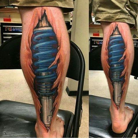 Leg tattoo shock hydraulic spring Shock Tattoo, Motocross Tattoo, Dirt Bike Tattoo, Tattoo Bike, Biomech Tattoo, Calf Tattoo Men, Michael Tattoo, Gear Tattoo, Backpiece Tattoo