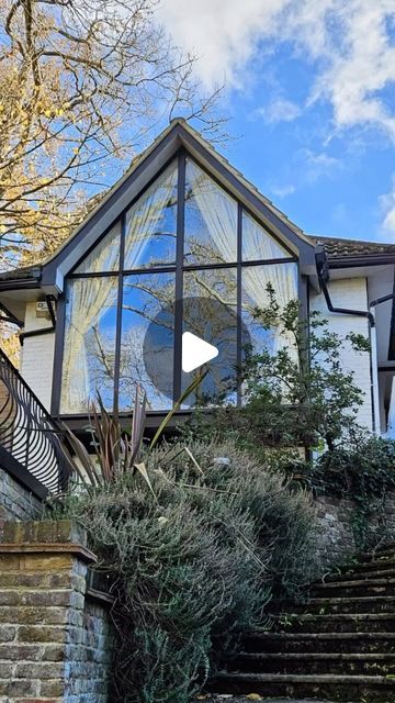 Melissa Hutcheson Interiors on Instagram: "This fabulous leafy view framed by a huge Apex window was one of our last projects to dress in 2023. . . #apexwindows #handmadecurtains #curtainsandblinds #windowtreatments #curtaindesigns #curtainstyles" A Frame Curtains Window, A Frame Window Curtains, Blinds For Apex Windows, A Frame Curtains, A Frame Window Treatments, Gable Window Curtains, Apex Window Dressing, Apex Window Blinds, Apex Curtains