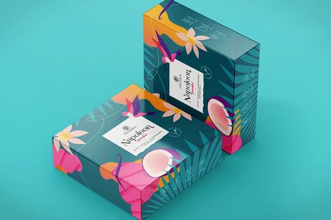 Tropical Packaging, Box Packaging Design Ideas, Sweet Box Packaging Design, Sweet Box Packaging, Napoleon Cake, Tropical Bachelorette Party, Sweet Box Design, Cake With Coconut, Tropical Bachelorette