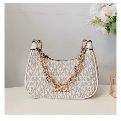 Michael Kors 35R3G4CC1B Cora Mini Shoulder Crossbody Pouchette Bag IN Light Crm Michael Corse Bags, Dream Bag, Michael Kors Shoulder Bag, Girly Accessories, Bag Collection, Birthday List, Mini Shoulder Bag, Zip Top, Michael Kors Bag