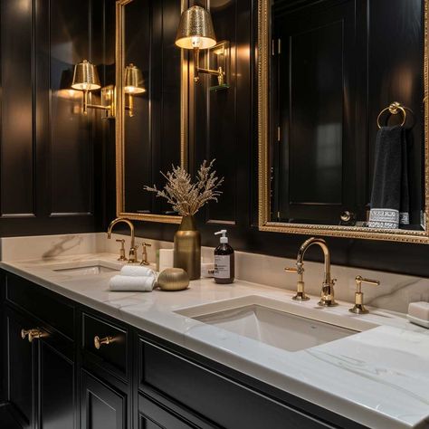 Top Bathroom Paint Ideas Combining Black and Gold for Luxurious Flair • 333  Inspiring Lifestyle Ideas Gold And Black Bathroom Ideas, Small Glam Bathrooms, Black And Gold Powder Room, Gold And Black Bathroom, Black And Gold Bathroom Ideas, Black White And Gold Bathroom, Bathroom Paint Ideas, Gothic Farmhouse, Moody Bathroom