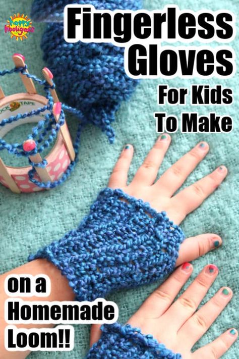 Kids can make these awesome fingerless gloves in under an hour. All you need is a cardboard container, popsicle sticks and yarn! #HappyHooligans #Yarn #Craft #Kids #Teen #Tween #Knitting #FrenchKnitting #Loom #Knitting #Homemade #Fingerless #Gloves #Activity #CraftCamp #CampCraft Parkinson Activities, Loom Knit Fingerless Gloves, Fingerless Gloves Free Pattern, Gloves Free Pattern, Crochet Fingerless Gloves Free Pattern, Circular Loom, Happy Hooligans, Knit Fingerless Gloves, Loom Projects