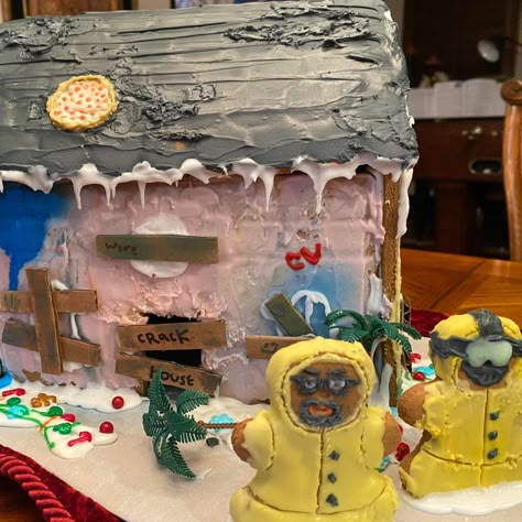 Check out the best and brightest funny gingerbread houses here—from Halloween themes to a Schitt's Creek motel remake. Feast your eyes on this Breaking Bad Gingerbread House, where gingerbread Jesse Pinkman steals the show. Gingerbread Crackhouse Ideas, Breaking Bad Gingerbread House, Home Alone Gingerbread House Ideas, Trolls Gingerbread House, Black And White Gingerbread House, Donut Shop Gingerbread House, Whoville Gingerbread House Ideas, Christmas Movie Themed Gingerbread House, Gingerbread House Hospital Theme