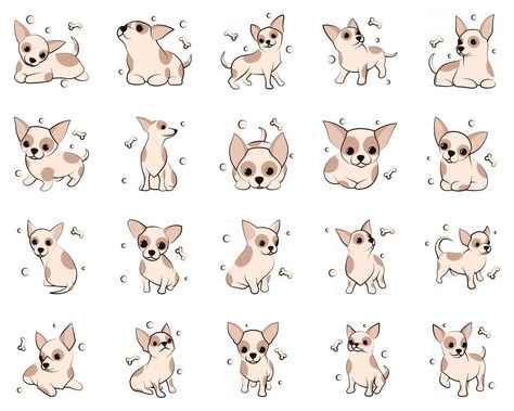 Cute Cartoon Vector Illustration icon set of Chihuahua puppy dogs. It is flat design. Chihuahua Drawing, Chihuahua Art, Chihuahua Puppy, Chihuahua Puppies, Puppy Dogs, Cartoon Dog, Kawaii Art, Flat Design, Icon Set