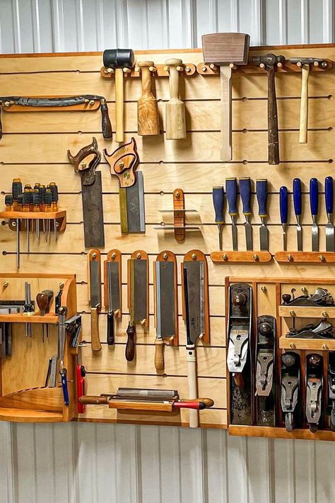 Must Have Woodworking Tools, Tool Wall Storage, Woodshop Tools, Diy Garage Work Bench, Diy Garage Storage Cabinets, Tool Storage Cabinets, Tool Hangers, Woodworking Tools Storage, Woodshop Organization