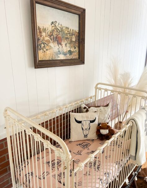 Gender Neutral Nursery Boho Western, Nursery Ideas Western Boho, Western Theme Nursery Girl, Cowboy Themed Nursery Boys, Old Western Nursery, Western Sheets, Western Girls Nursery, Western Boho Nursery Girl, Baby Girl Nursery Western