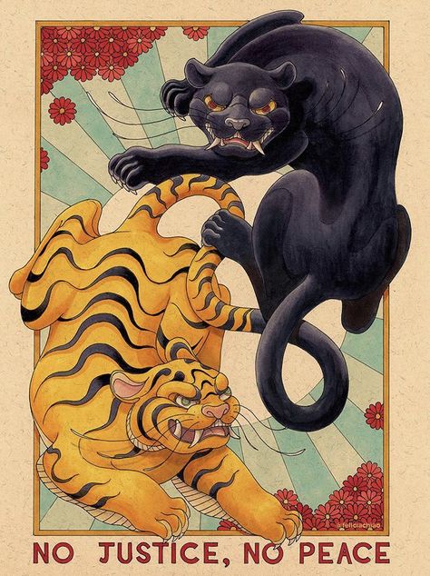 Asian Tigers in solidarity with Black Panthers - Art by Felicia Chiao Felicia Chiao, Asian Tigers, Peace Poster, Peace Art, Diy Frame, Society6 Art, Mini Art, Bedroom Ideas, Artwork Prints