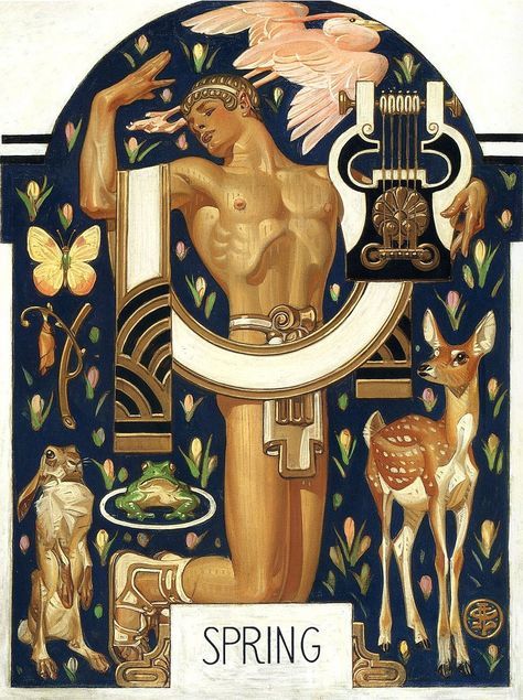 This gorgeous Art-Deco style illustration by J C Leyendecker from 1929 shows Spring represented as a Greek god. Arte Art Deco, Graphisches Design, Arte Inspo, Estilo Art Deco, Poster Retro, Art And Illustration, Gay Art, Art Deco Design, Vintage Poster