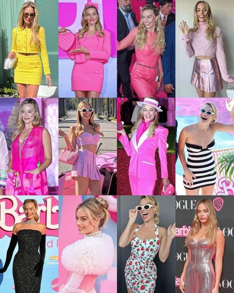 Barbie’s Outfits From The Movie, Barbie Make Up Margot Robbie, Barbie Press Tour Outfits, Barbie Event Outfits, Barbie Movie Characters Outfits, Barbie Margot Robbie Outfits, Barbie Outfits Margot Robbie, Barbie Movie Outfits Margot Robbie, Barbie Characters Outfits