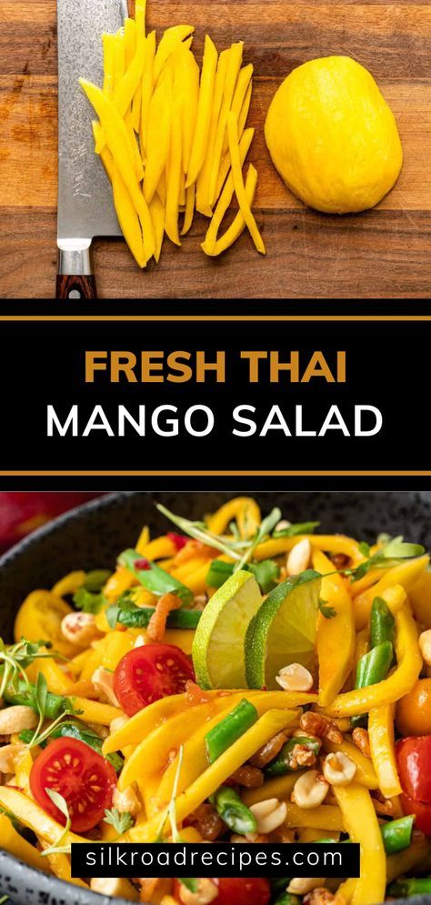 Fresh Thai Mango Salad is so refreshing. A fresh mango salad is bountiful in both flavor and nutrients. Between the mango, peppers, greens, and tomatoes, it’s rich in Vitamins A, B, C, and K as well as magnesium and potassium. And better yet, you can make this mango salad recipe completely seasonal – all herbs and vegetables match it beautifully. Mixed greens, broccoli, and basil match the tropical tastes just as well as our tomatoes and cilantro! The traditional way is to use unripe mango. Pineapple Mango Recipes, Thai Mango Salad Dressing, Mango Thai Salad, Asian Mango Salad, Fresh Mango Recipes, Mango Recipes For Dinner, Thai Mango Salad Recipe, Spicy Mango Salad, Unripe Mango