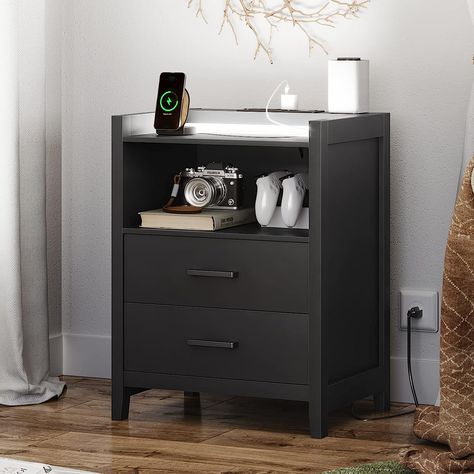 Amazon.com: EPHEX Nightstand with LED Lights and Charging Station, End Side Table with 2 Drawers and Open Storage, Modern Bedside Table for Bedroom, Black : Home & Kitchen Side Tables For Bedroom, Nightstand With Charging Station, Black Nightstand, Black Bedside Table, Tall End Tables, Table For Bedroom, Nightstand Set Of 2, Side Table With Drawer, Modern Bedside