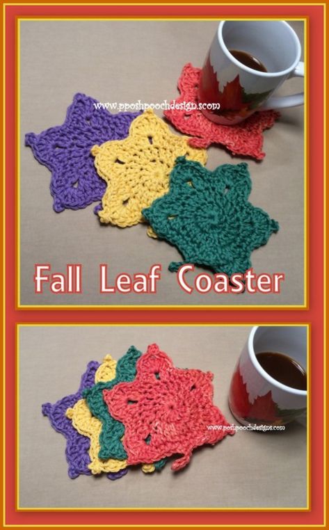 Crochet Fall Coasters, Crochet Leaf Free Pattern, Scrubby Yarn Crochet, Yarn Stitches, Crochet Fall Decor, Coasters Pattern, Leaf Coasters, Fall Craft Fairs, Coasters Crochet